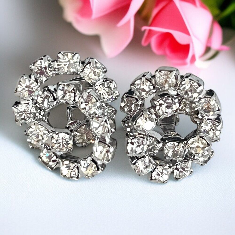 Vintage 1960s Clip On Earrings Silver Tone Clear Rhinestone Circle Cluster - 13P